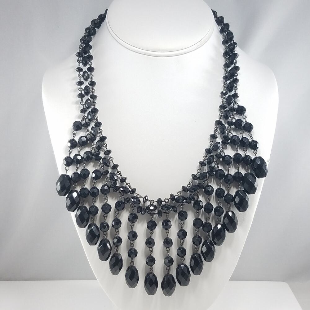 Black Beaded Bib Necklace Faceted Glass Acrylic Fringe AV 20"
